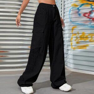 WOMEN'S SHEIN WIDE LEG CASUAL SIZE XXS BLACK BAGGY CARGO JEANS MULTIPLE POCKETS